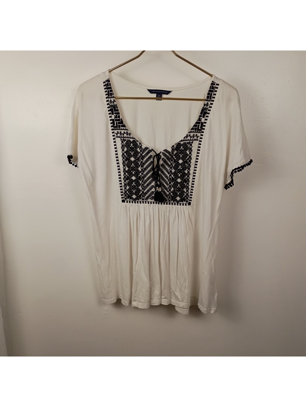 American Eagle Tie-Front Embroidered Top Aztec Bohemian Boho Babydoll Size M